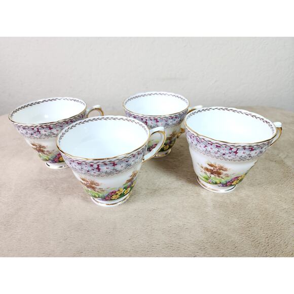 Woodland Dell Teacup Mug Sutherland Bone China Gold Trim Made in England x4 Vtg - Picture 2 of 14